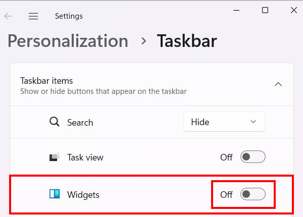 Remove widgets from the Windows 11 taskbar