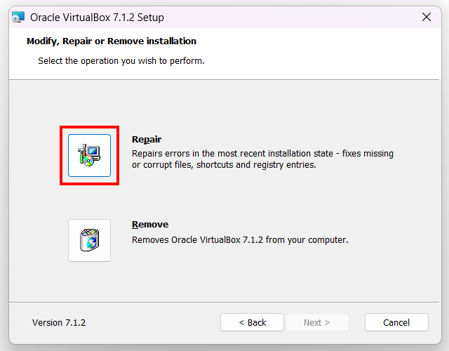 The repair VirtualBox installation option