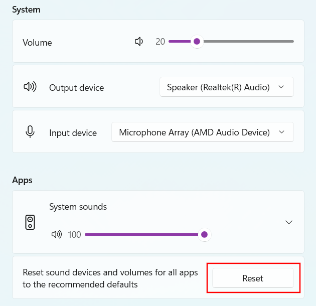 Reset audio settings in Windows 11