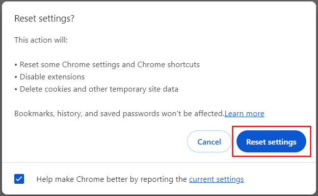 Reset Google Chrome settings