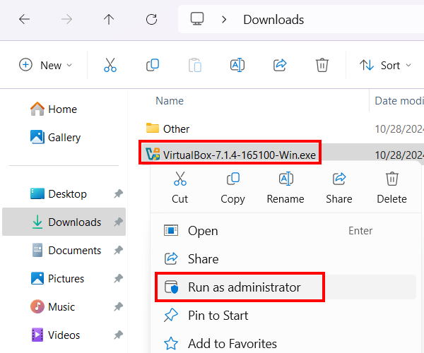 Run VirtualBox installation file as administrator