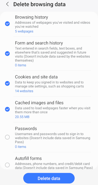 Samsung Internet browsing data types