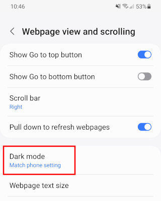 Samsung Internet Dark mode setting