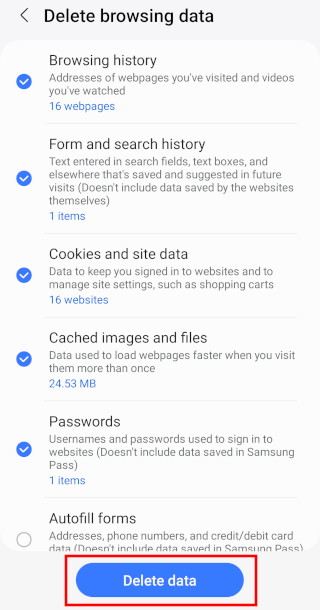 Samsung Internet Delete data button