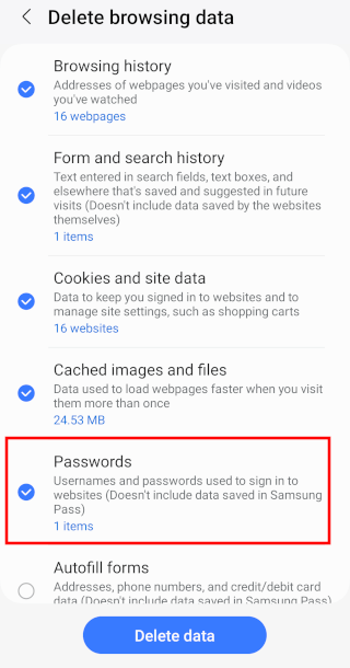 Samsung Internet delete saved passwords