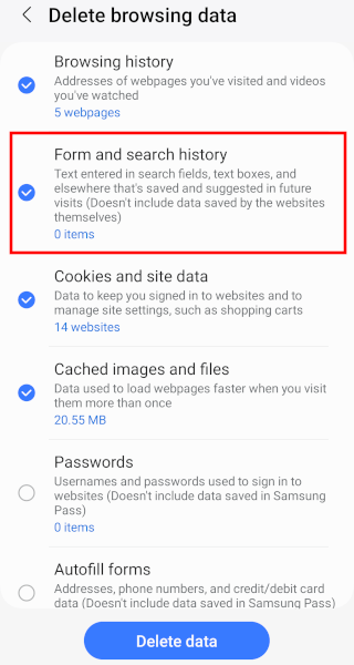 Samsung Internet delete search history