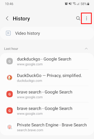 Samsung Internet history options button