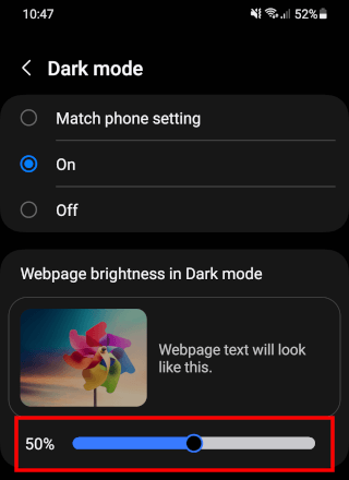 Samsung Internet Webpage brightness in Dark mode setting