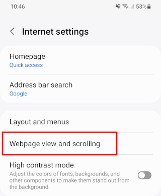 Samsung Internet Webpage view and scrolling settings