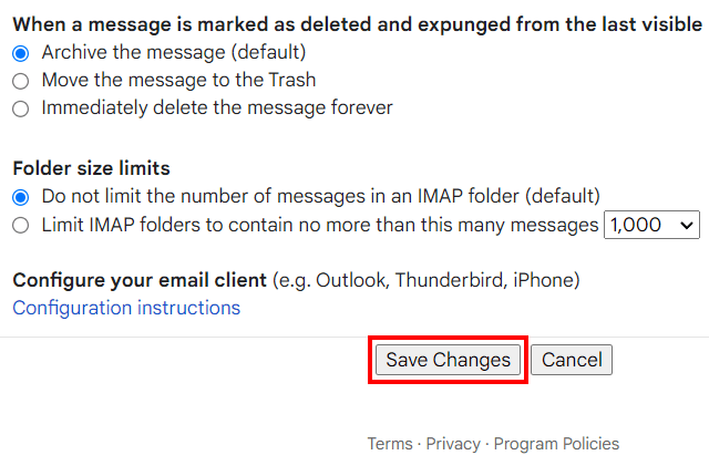 Save changes button in Gmail