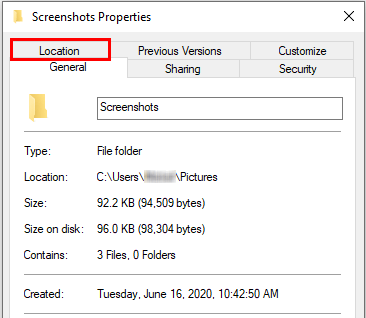 Screenshots Properties Location tab