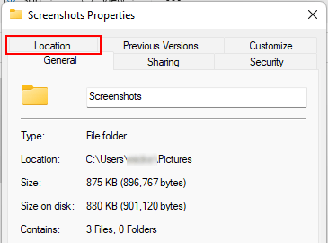 Screenshots Properties Location tab in Windows 11