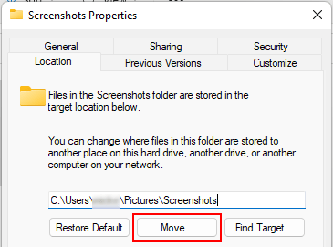 Screenshots Properties Move button in Windows 11