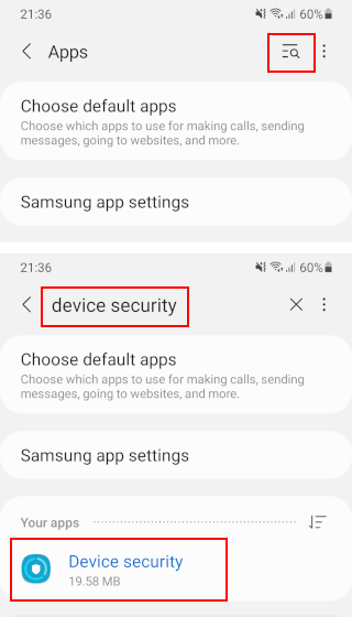 Search for Device security app on a Samsung phone