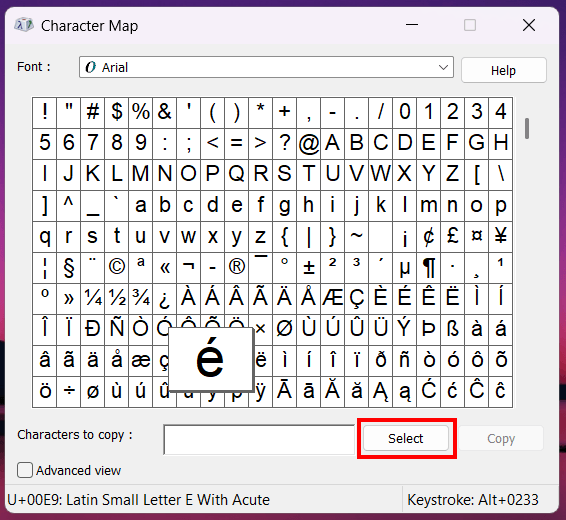 Select a character or symbol in Windows Character Map