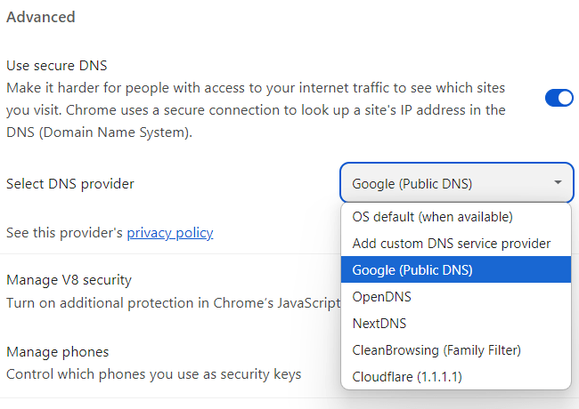 Select a DNS provider in Google Chrome