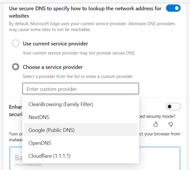 Select a DNS provider in Microsoft Edge