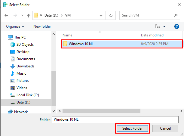 Select a new folder for Hyper-V virtual machine