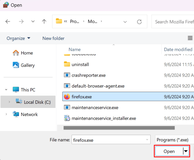 Select a program in Windows Firewall