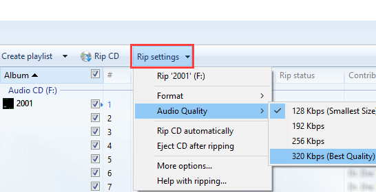 Select audio quality in Windows Media Player rip settings