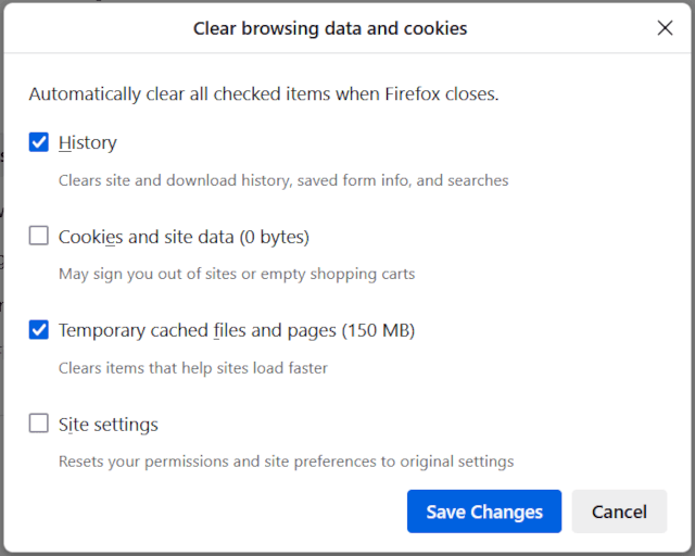 Select the browser data types to clear automatically when closing Firefox