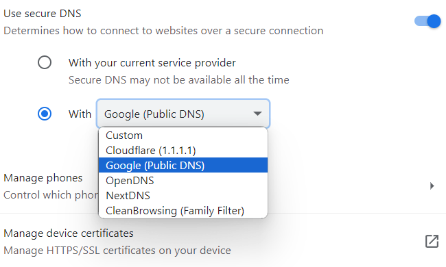 Select a DNS service provider in Google Chrome