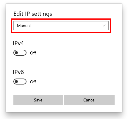 Select manual IP settings in Windows 10