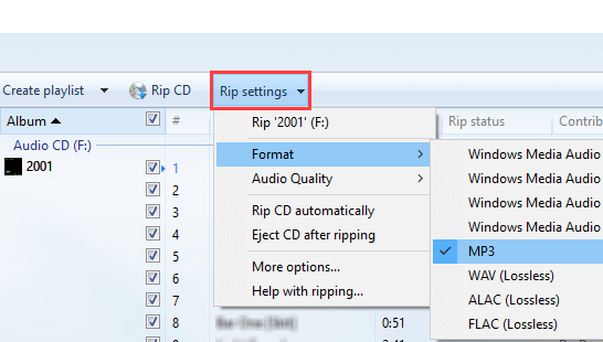 Select MP3 in Windows Media Player rip settings