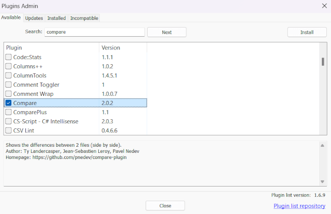 Select the Compare plugin in Notepad++