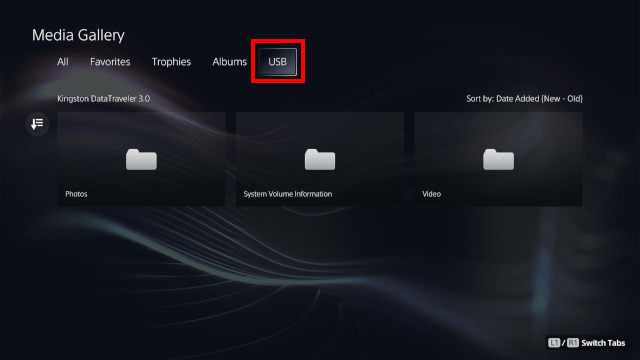 Select USB in PS5 Media Gallery