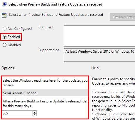 Select when Preview Builds and Feature Updates are received settings in Windows 10