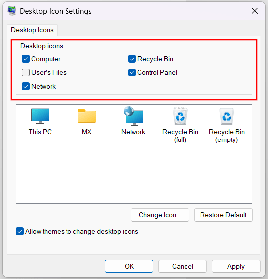 Show Computer, Control Panel, or Network icon on the Windows desktop