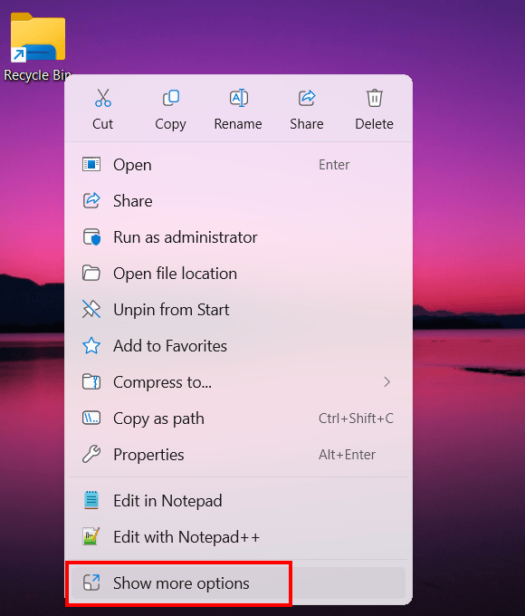 Show more options for shortcut