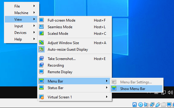 Show the top menu bar in VirtualBox