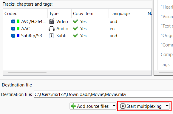 Start multiplexing button in MKVToolNix