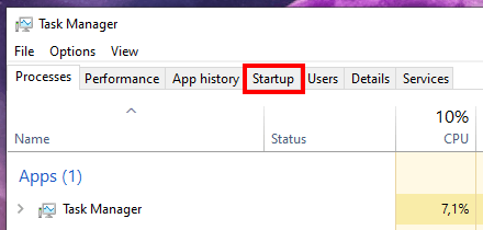 Startup tab in Task Manager in Windows 10