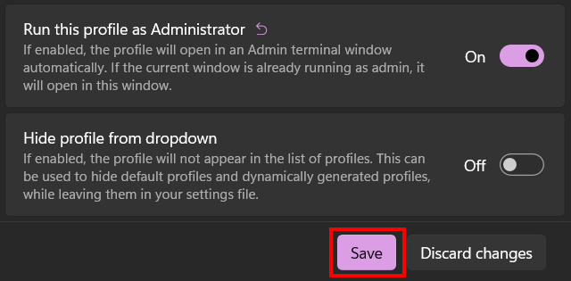 Terminal settings save button