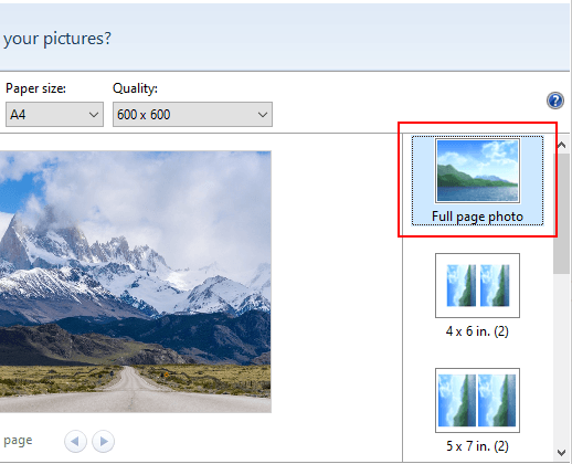 The full page photo option in Print Pictures window in Windows 10