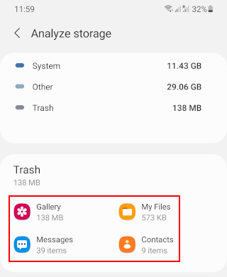 Trash section on a Samsung phone