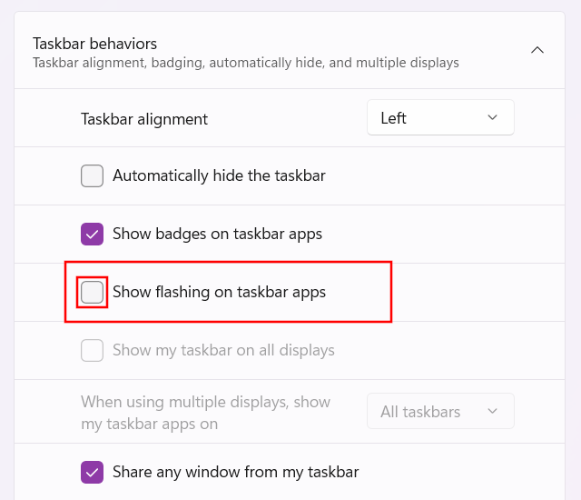 Turn off flashing icons on the Windows 11 taskbar