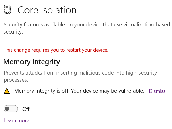 Turn off Memory integrity