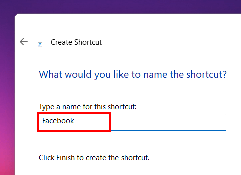 Type a name for the website shortcut