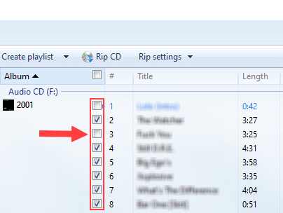 Uncheck songs in Windows Media Player