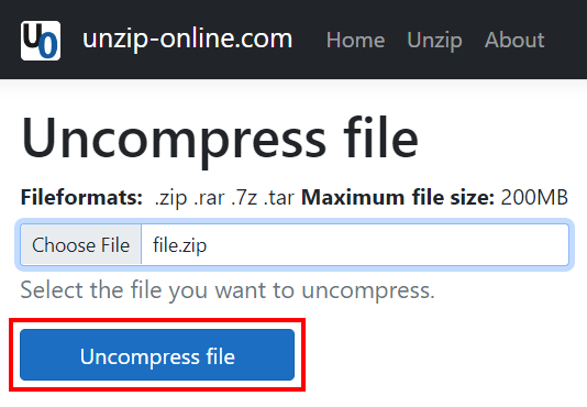 Uncompress file button on Unzip-Online