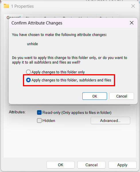 Unhide a folder with subfolders and files in Windows 11