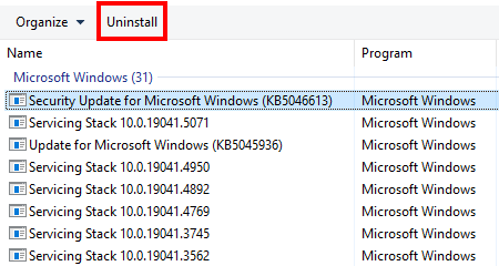 Uninstall recent Windows 10 update