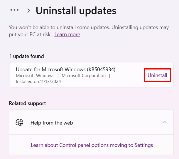 Uninstall a recent Windows update