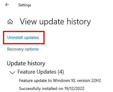 Uninstall updates Windows 10