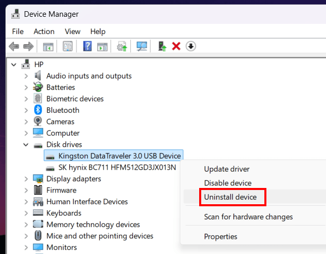 Uninstall USB device