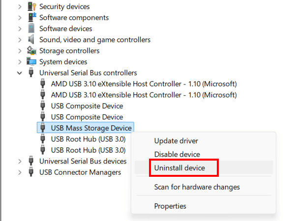 Uninstall USB Mass Storage Device